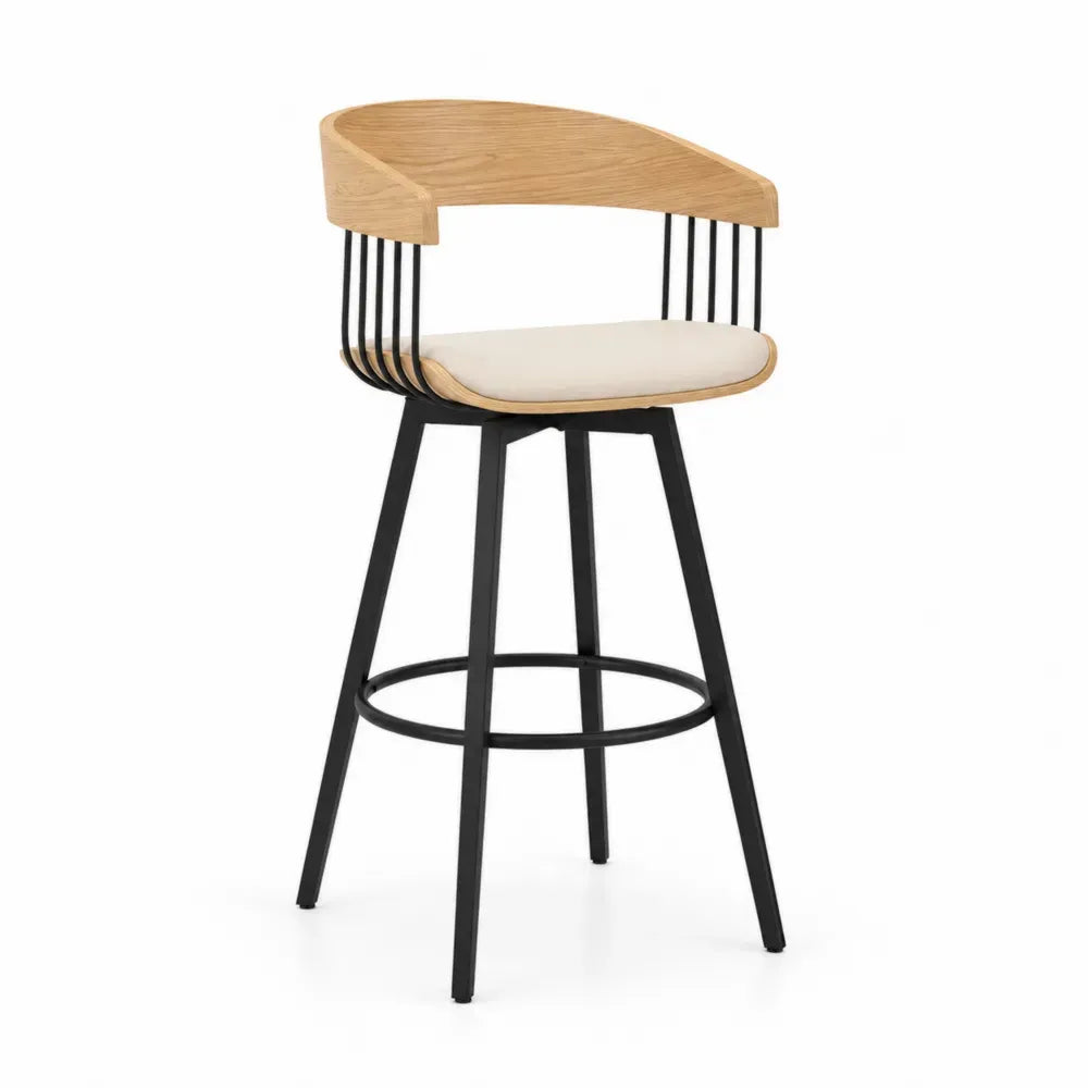 Barhocker Thekenstuhl mit Rückenlehne Polyester Schichtholz Stahl creme naturfarben schwarz 52 x 52 x 96 cm