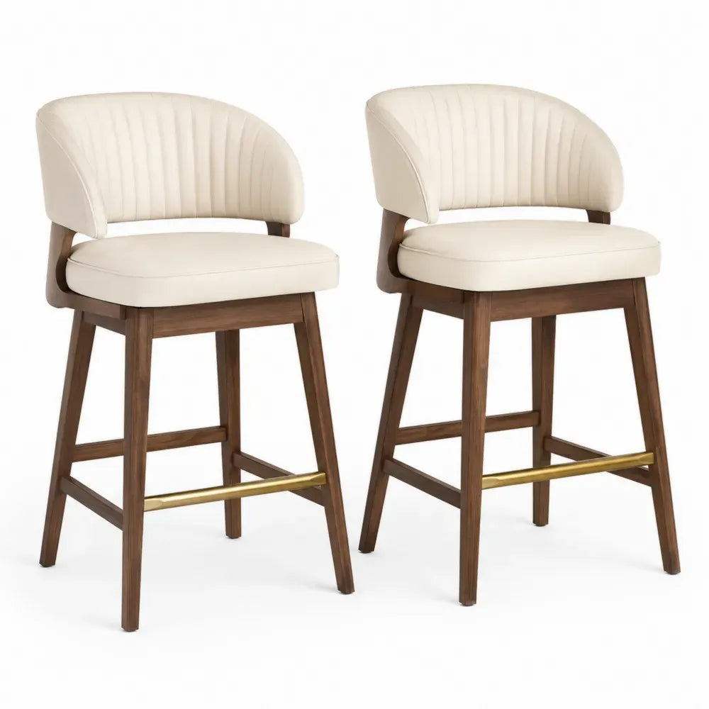 Barhocker 2er Set mit Rückenlehne Fußstütze Kautschukholz Polyester-Velours creme braun goldfarben 52 x 55 x 96 cm