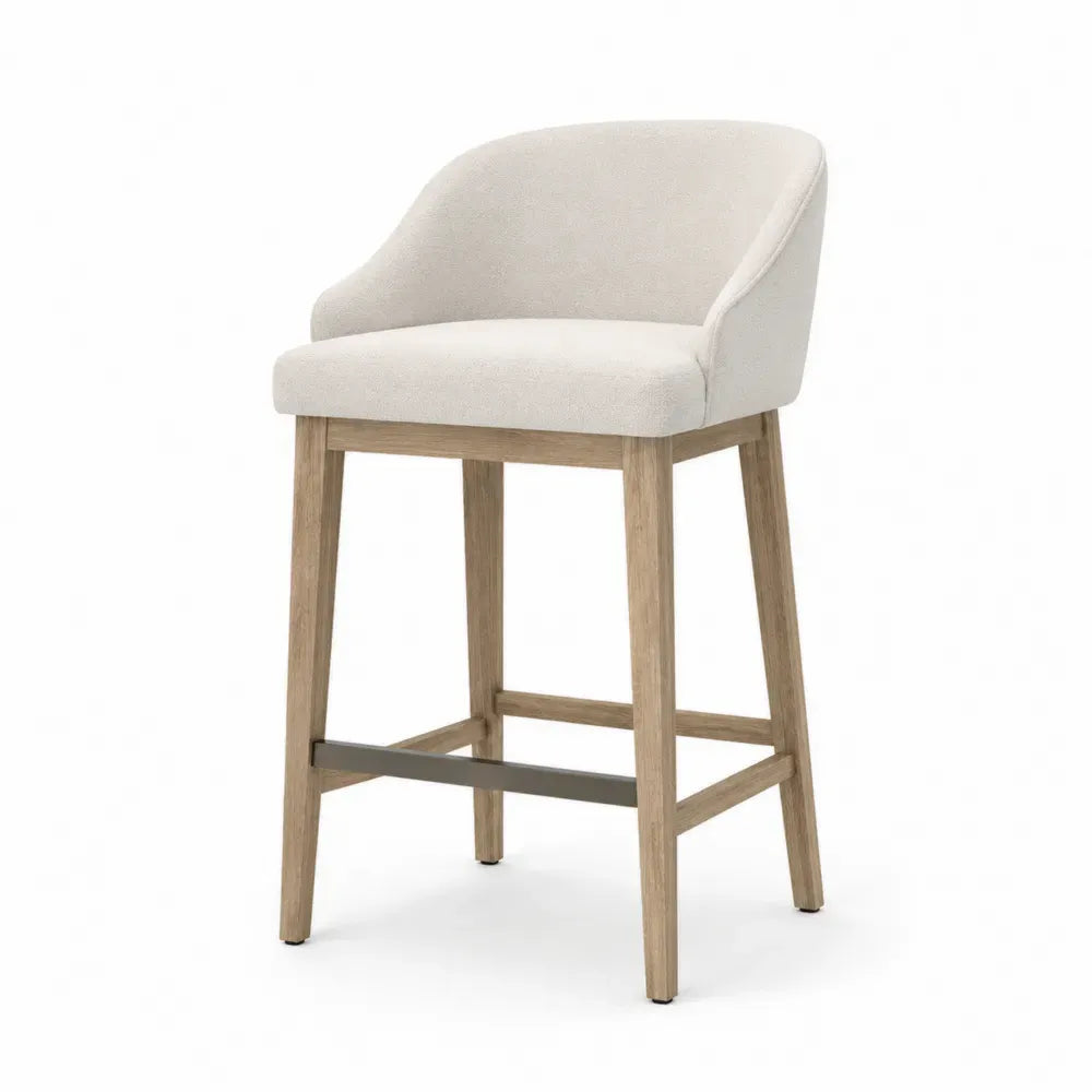 Barhocker Thekenstuhl mit Armlehnen Polstersitz Kautschukholz Polyester-Bouclé beige naturfarben grau 54 x 56 x 92 cm