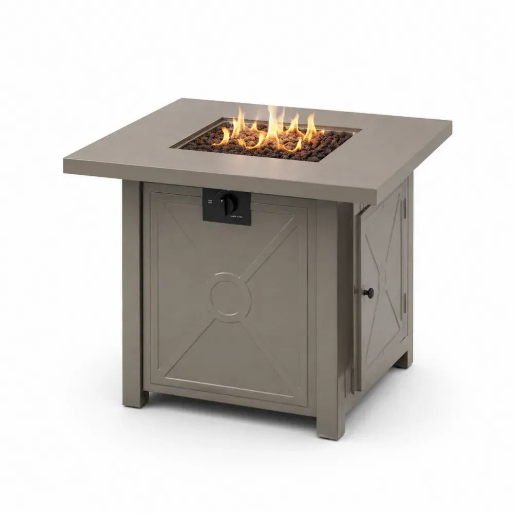 Gas Feuerstellentisch quadratisch 90 x 90 x 65 cm pulverbeschichteter Stahl Lavasteine Taupe Schwarz