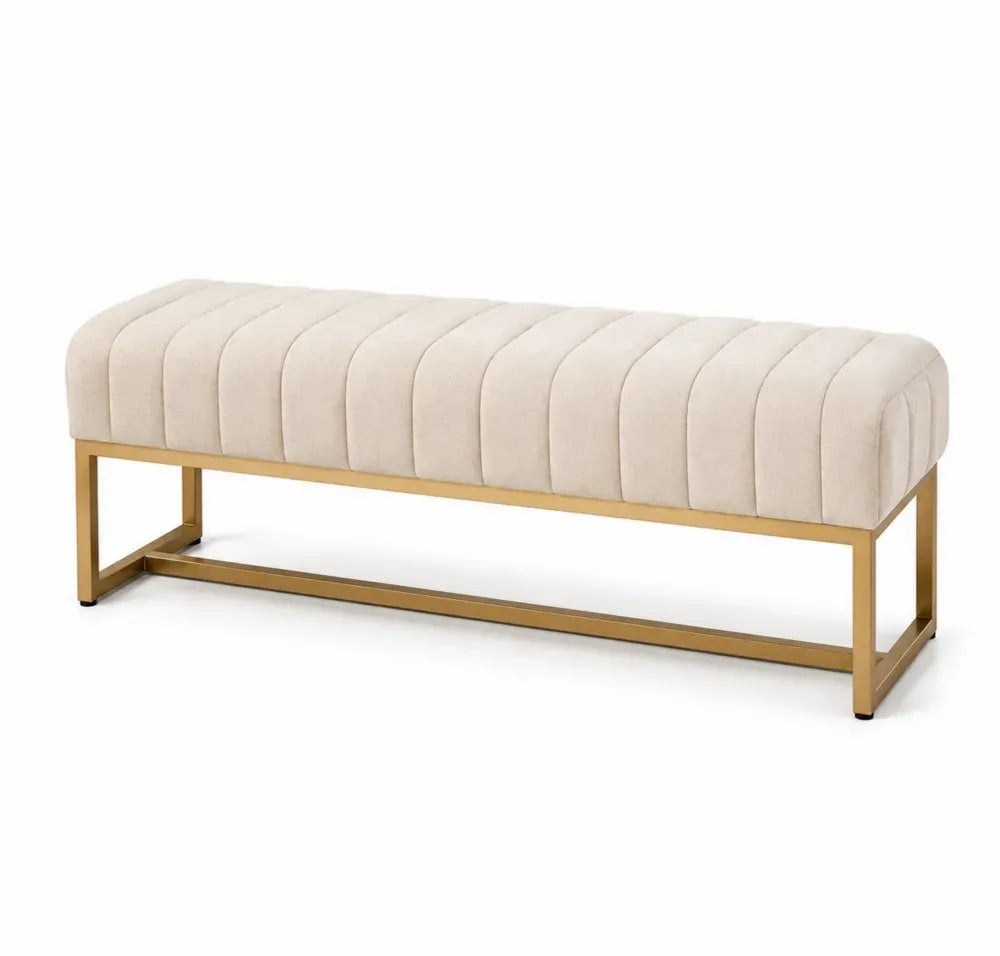 Schlafzimmerbank Sitzbank gepolstert Polyestergewebe Stahlrahmen rechteckig Creme Goldfarben 120 x 40 x 45 cm