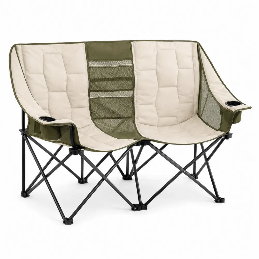 2-Sitzer Gartenstuhl klappbar mit Getränkehaltern Polyester-Oxfordgewebe Stahl beige olivgrün schwarz 136 x 60 x 92 cm