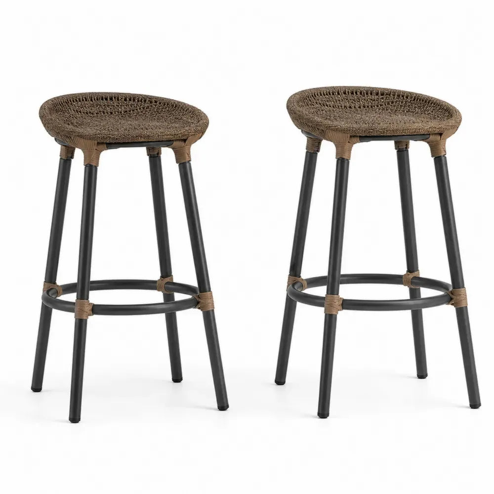 Gartenbarhocker 2er Set mit rundem PE-Rattan Sitz 45 x 45 x 78 cm pulverbeschichteter Stahl Braun Schwarz