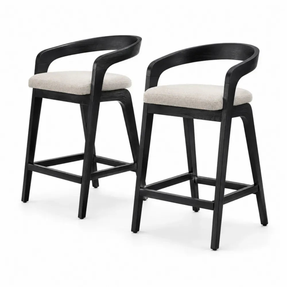 Barhocker 2er Set mit Rückenlehne Armlehnen Polstersitz Kautschukholz Polyester beige schwarz 50 x 48 x 92 cm