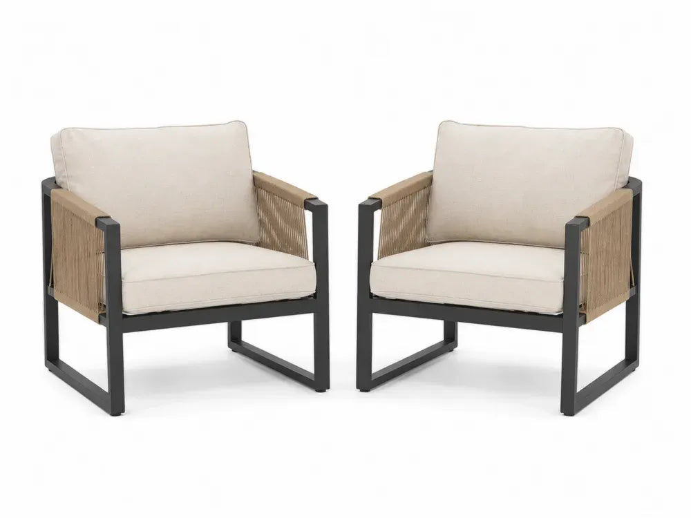 Gartenstühle 2er Set Loungesessel mit Armlehnen Kissen Stahl Seilgeflecht Akazienholz beige naturfarben schwarz 74 x 78 x 80 cm