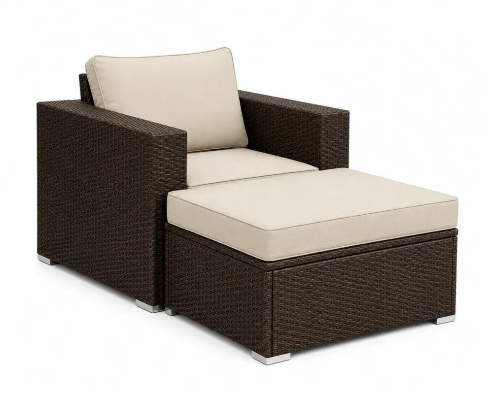Gartensessel mit Fußhocker 2 teilig rechteckig PE-Rattan Stahl Polyester Dunkelbraun Beige Sessel 87 x 83 x 66 cm Hocker 65 x 65 x 32 cm
