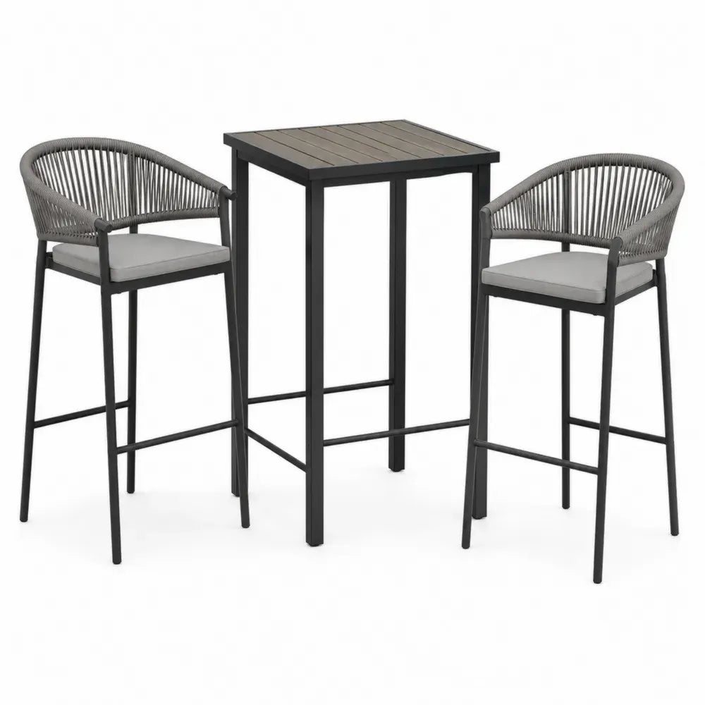 Gartenbar Set 3 teilig mit Stehtisch 70 x 70 x 105 cm und 2 Barhockern Stahl WPC PE Seil Schwarz Grau