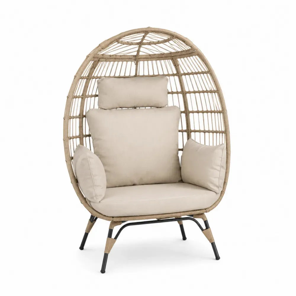 Gartensessel in Ei-Form mit Kissen oval PE-Rattan Stahl Polyester Beige Cremebeige Schwarz 105 x 80 x 148 cm