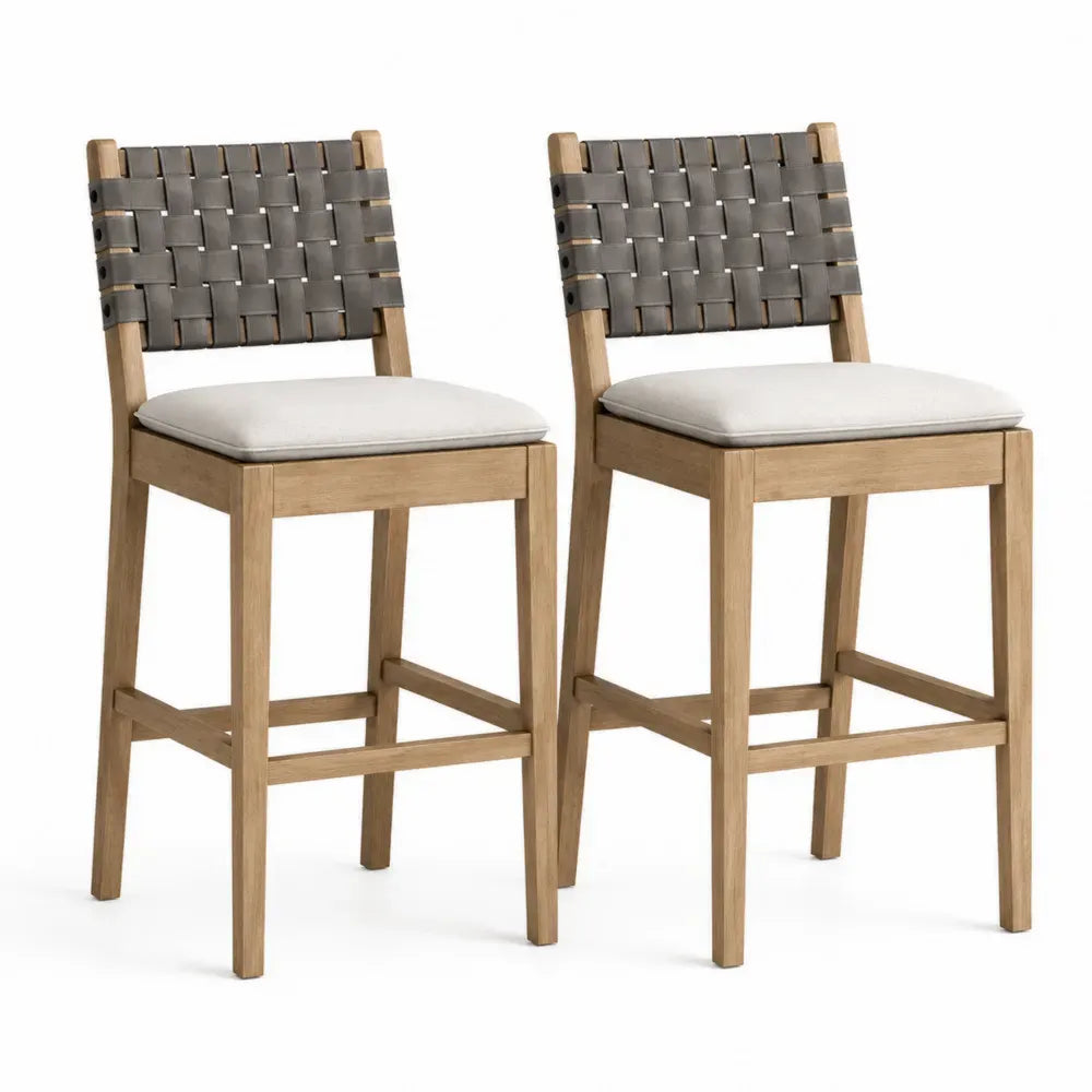 Barhocker 2er Set mit Geflecht Rückenlehne Kautschukholz Polyestergewebe PU Kunstleder naturfarben beige grau 47 x 52 x 104 cm