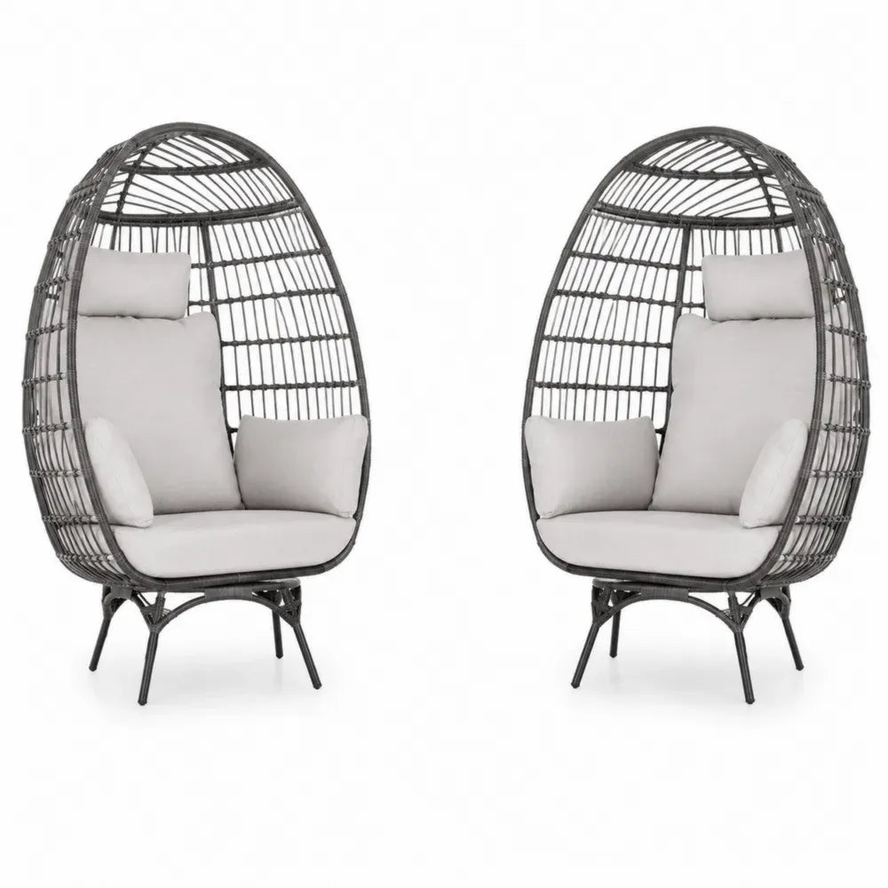 Gartensessel 2er Set Ei-Sessel mit Auflagen oval PE-Rattan Stahl Polyester Grau Creme 88 x 78 x 150 cm