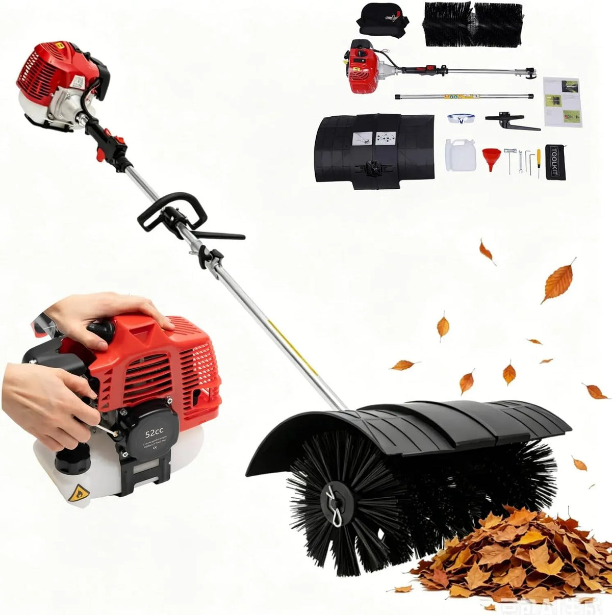 2-Takt 52CC Kehrmaschine, Schneefräse, Schneeräumgerät, Bodenkehrmaschine, 1.7 KW, für Reinigung Rasen Laub Schnee, 2.3 PS