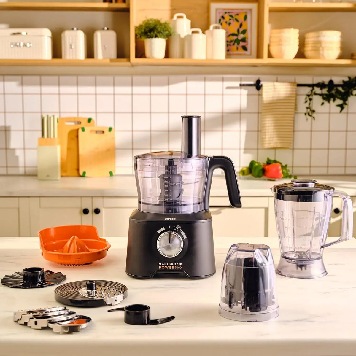 Küchenmaschine, 2500 W, Schwarz, Küchenroboter, Gemüseschneider, Karaca Mastermaid Power Max 11 in 1-2500 W Küchenmaschine mit Fleischwolf