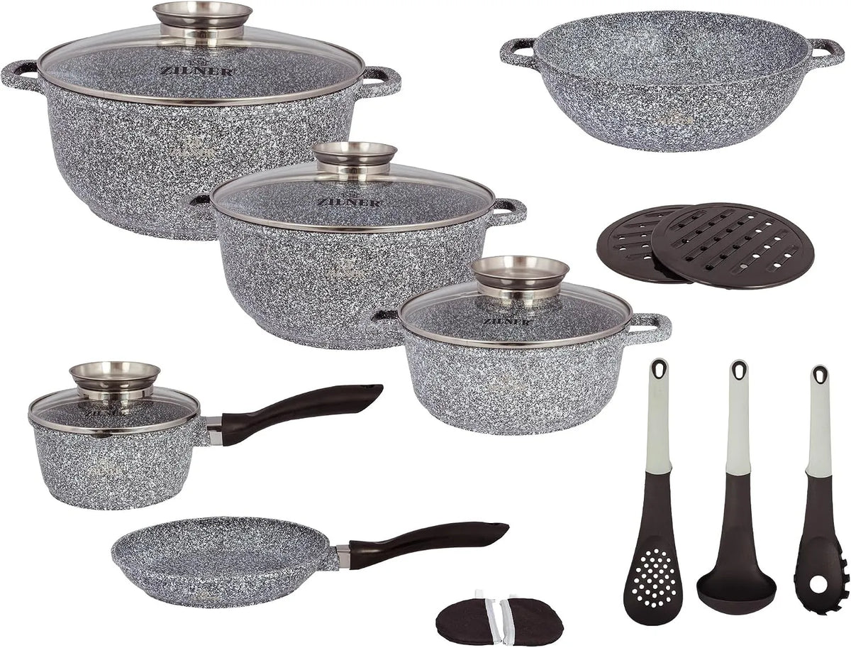 17-teilig Kochgeschirr-Set, Töpfe & Pfannen Set, Marmor- & Keramikbeschichtung, Grau, antihaftend