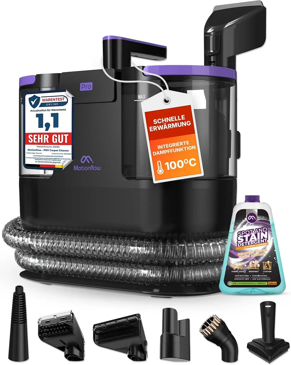 Dampfreiniger, 1700 W, Dampfreinigungsgerät, Teppich- und Polsterreinigungsgerät, Motionflow PRO Teppichreiniger Waschsauger mit Dampffunktion