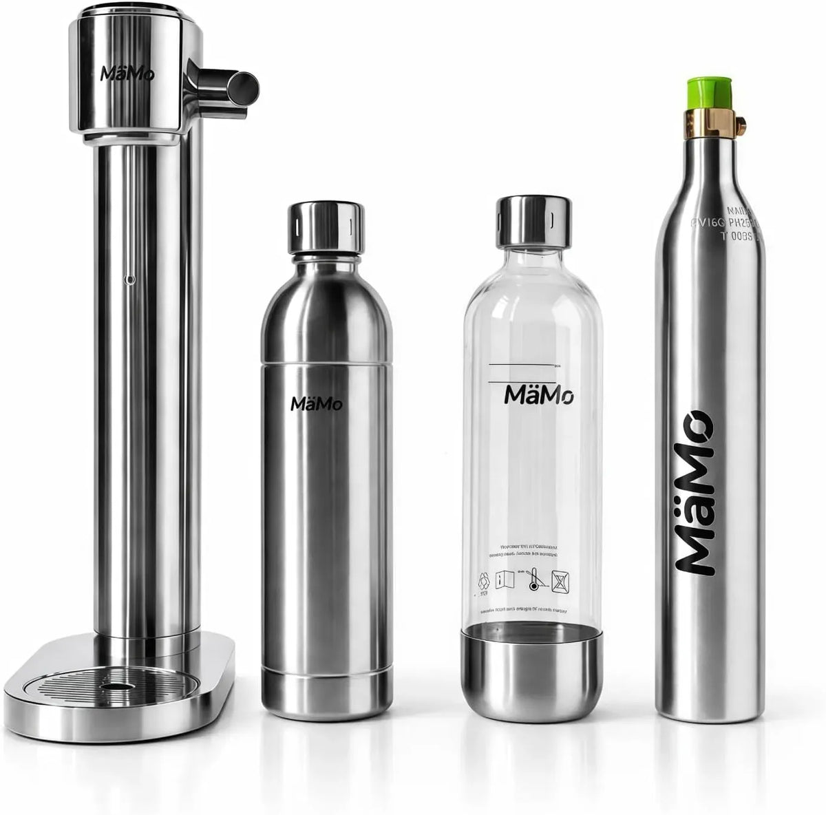 CO2 Edelstahl Wassersprudler Silber Set, inkl, Zylinder & 2 Flaschen