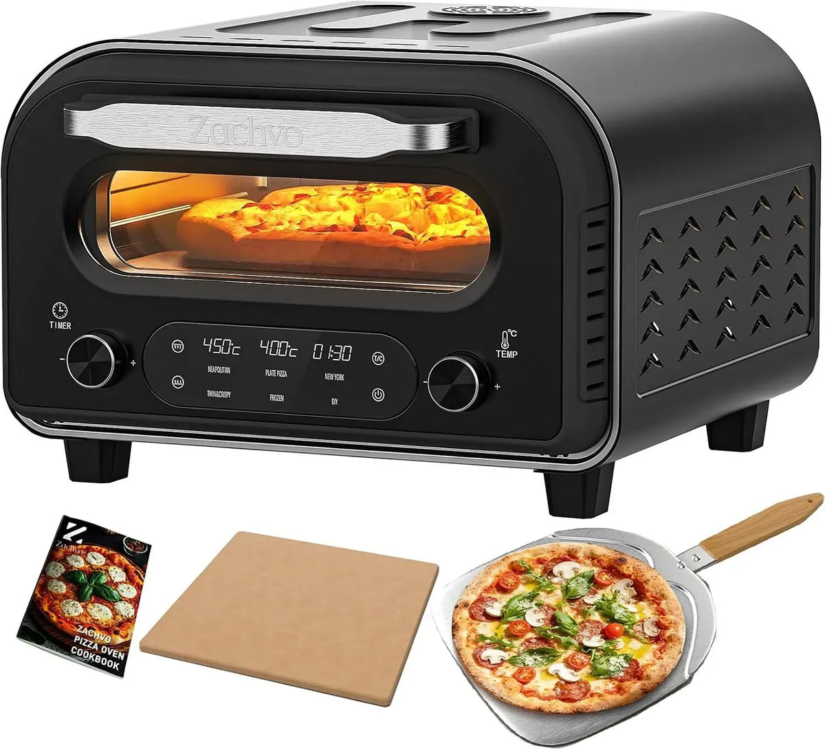 Elektrischer Pizzaofen HF1201, 32cm, Touch-Bedienung, Timer, Edelstahl, Schwarz, 1-60 Min Timer, 5 voreingestellte Pizzaarten, Pizzastein, bis 450℃