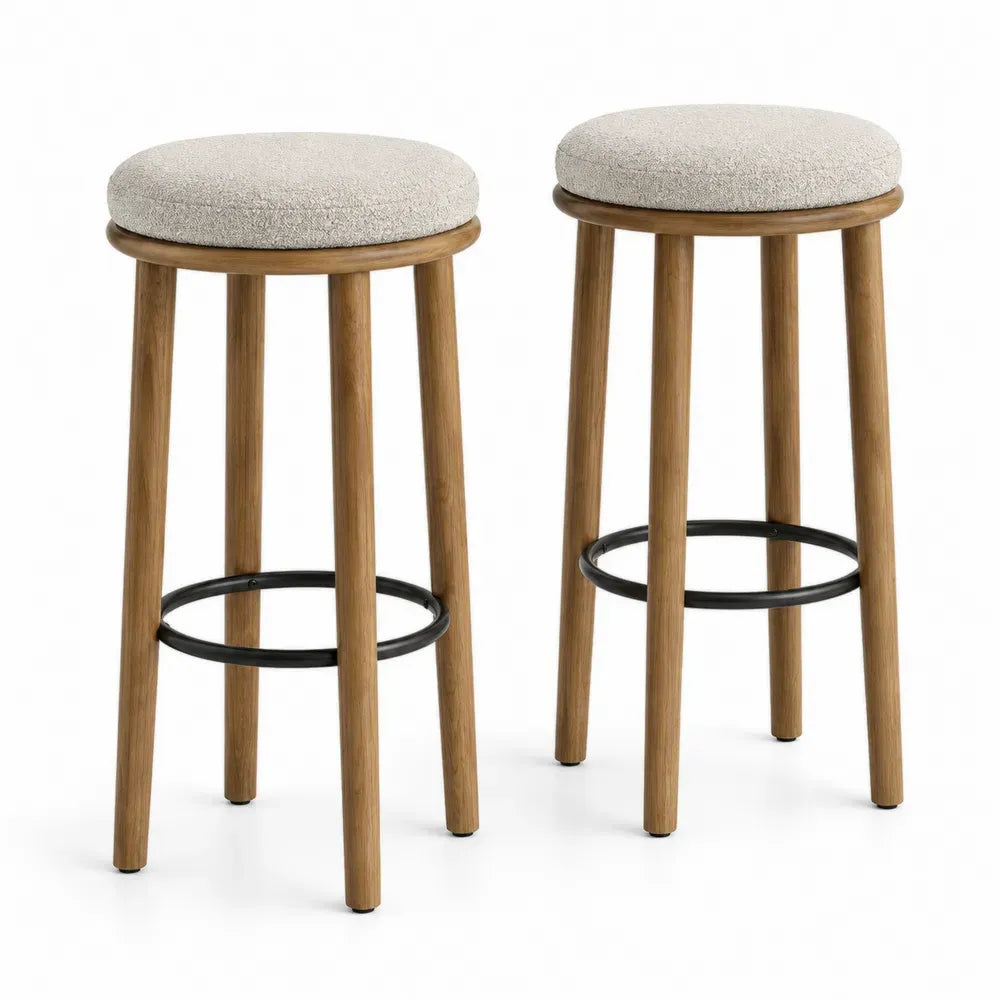 Barhocker 2er Set mit Fußring runde Polstersitze Kautschukholz Polyester-Bouclé naturfarben creme schwarz 42 x 42 x 76 cm