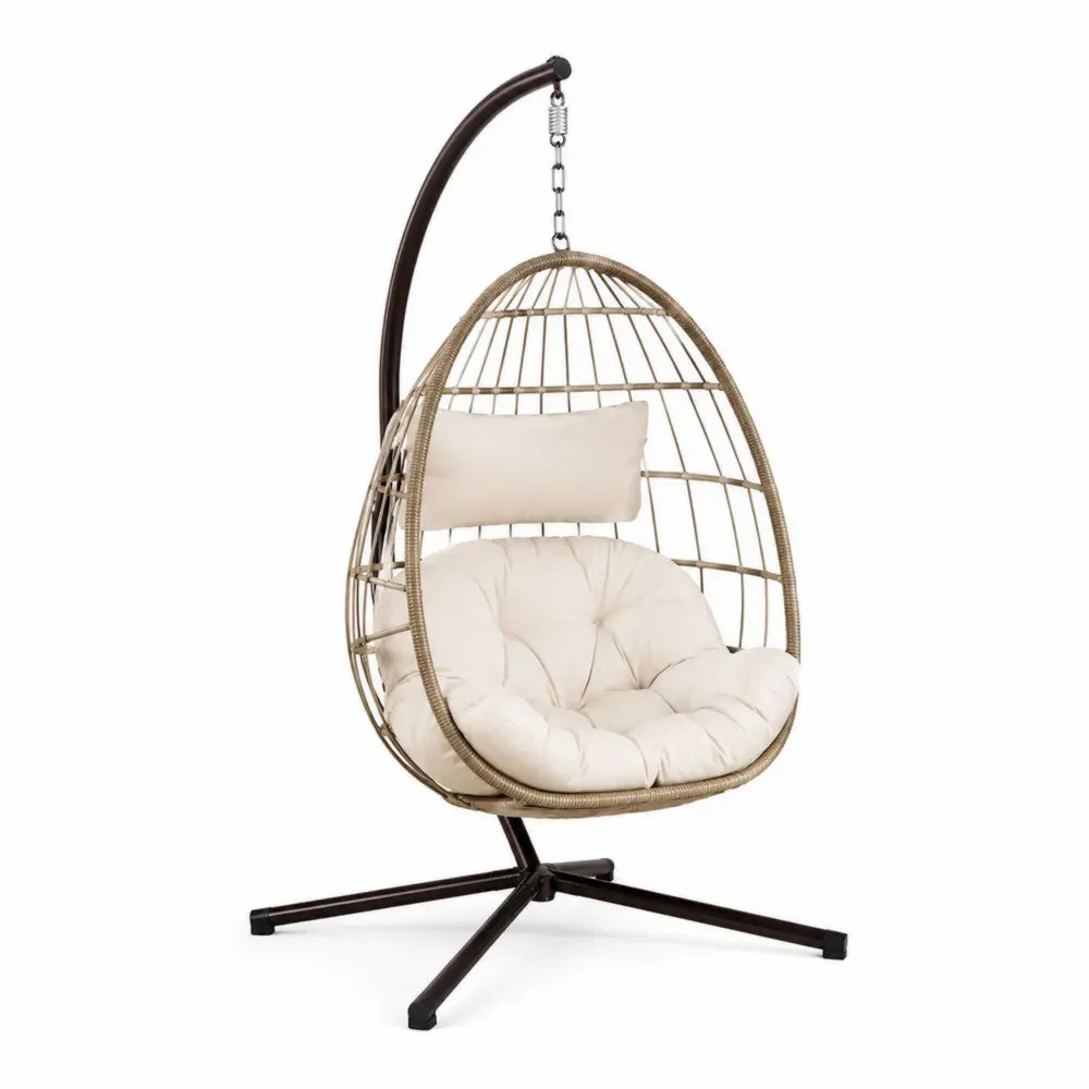 Hängesessel mit Gestell 105 x 105 x 195 cm PE Rattan Stahl oval Naturfarben Creme Dunkelbraun