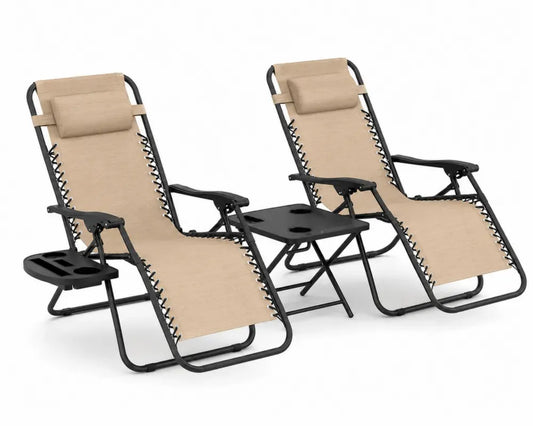 Gartenliegestühle 2er Set mit klappbarem Beistelltisch Textilene pulverbeschichteter Stahl beige schwarz 165 x 65 x 110 cm
