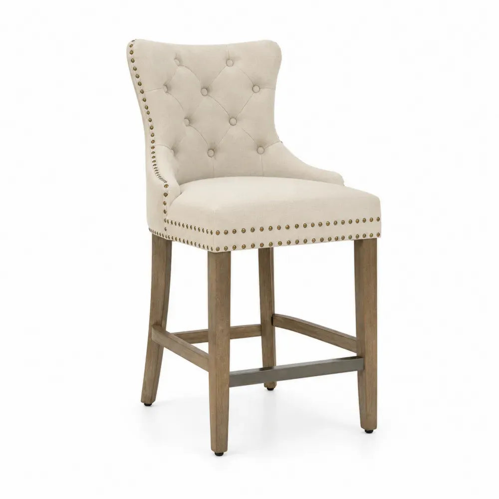 Barhocker Polsterhocker mit Rückenlehne Knopfheftung Polyestergewebe Kautschukholz beige naturholzfarben 54 x 58 x 109 cm