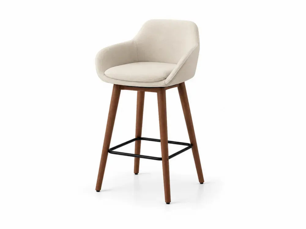 Barhocker mit Rückenlehne Armauflagen und Fußstütze Polyestergewebe Kautschukholz beige braun schwarz 55 x 55 x 95 cm
