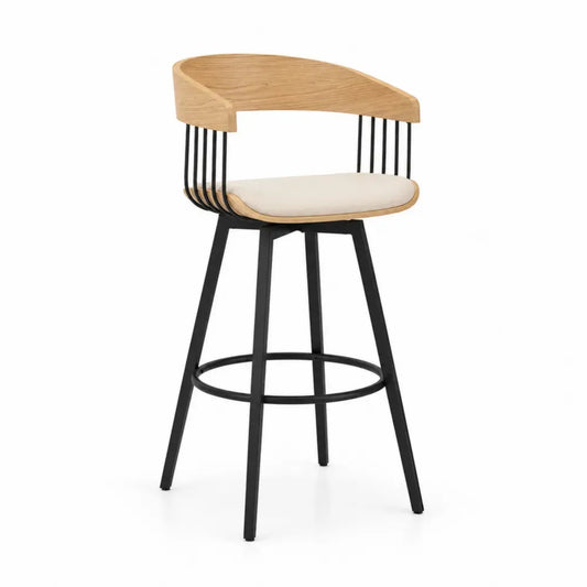 Barhocker Thekenstuhl mit Rückenlehne Polyester Schichtholz Stahl creme naturfarben schwarz 52 x 52 x 96 cm