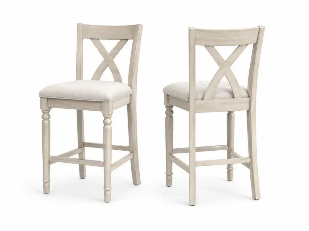 Barhocker 2er Set mit X Rückenlehne Polstersitz Kautschukholz Polyestergewebe cremeweiß beige 46 x 53 x 107 cm