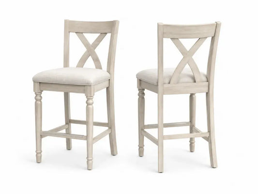 Barhocker 2er Set mit X Rückenlehne Polstersitz Kautschukholz Polyestergewebe cremeweiß beige 46 x 53 x 107 cm