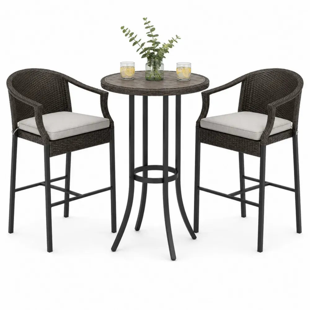 Gartenbar Set 3-teilig mit rundem Bartisch und 2 Barhockern PE-Rattan Dunkelbraun pulverbeschichteter Stahl Schwarz Tisch Ø70 x 100 cm Barhocker 56 x 58 x 110 cm