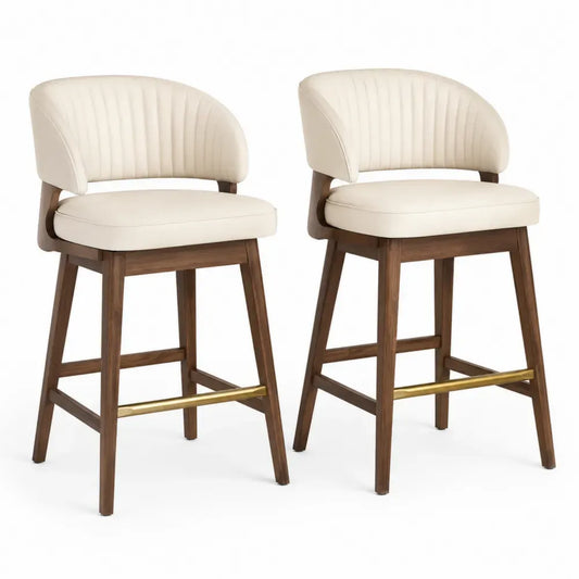 Barhocker 2er Set mit Rückenlehne Fußstütze Kautschukholz Polyester-Velours creme braun goldfarben 52 x 55 x 96 cm