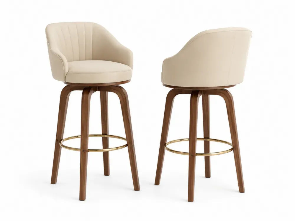 Barhocker 2er Set mit Armlehnen und Fußring Kautschukholz Polyester-Velours creme braun goldfarben 54 x 56 x 96 cm