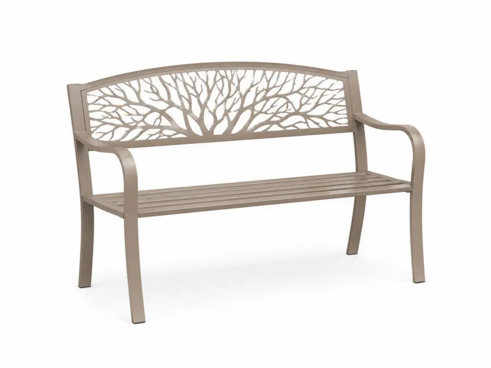 Gartenbank 2-Sitzer mit Armlehnen Baummotiv aus pulverbeschichtetem Stahl taupe 127 x 58 x 87 cm