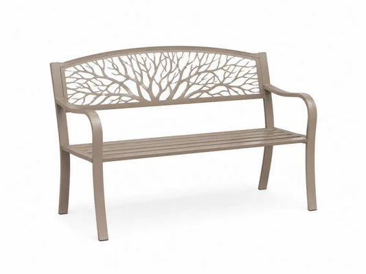 Gartenbank 2-Sitzer mit Armlehnen Baummotiv aus pulverbeschichtetem Stahl taupe 127 x 58 x 87 cm