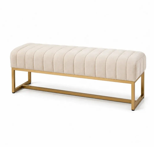 Schlafzimmerbank Sitzbank gepolstert Polyestergewebe Stahlrahmen rechteckig Creme Goldfarben 120 x 40 x 45 cm