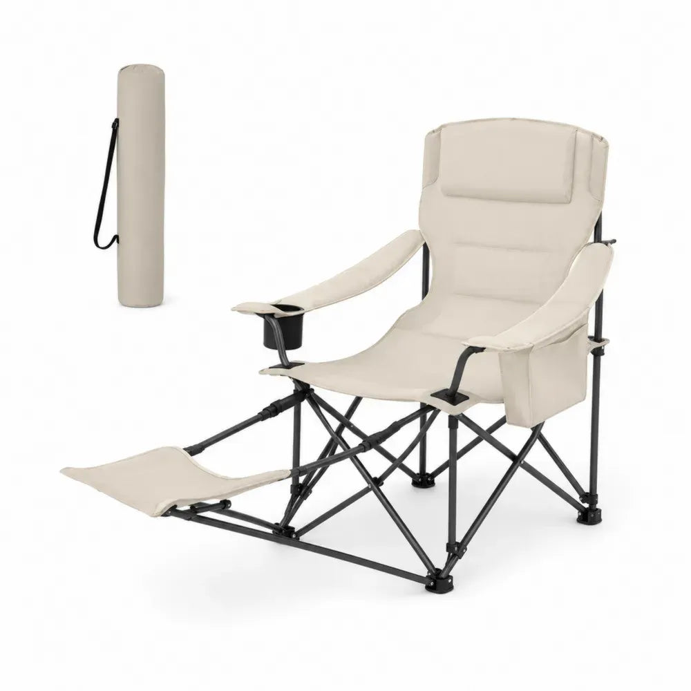 Gartenstuhl Campingstuhl klappbar mit Fußstütze Getränkehalter Tragetasche Stahl Polyester beige schwarz 65 x 160 x 105 cm