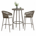 Gartenbar Set 3 teilig mit rundem Bartisch Ø 70 cm Höhe 105 cm und 2 Barhockern PE Seilgeflecht pulverbeschichteter Stahl Taupe Creme