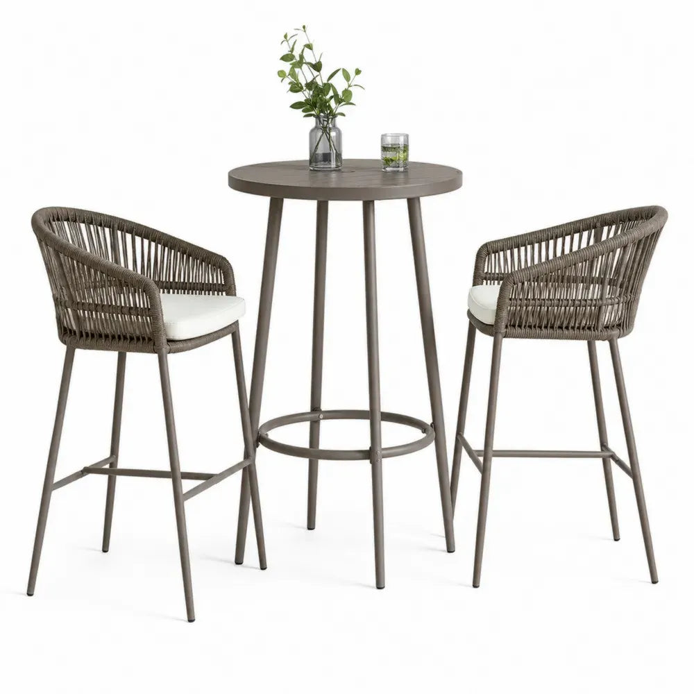 Gartenbar Set 3 teilig mit rundem Bartisch Ø 70 cm Höhe 105 cm und 2 Barhockern PE Seilgeflecht pulverbeschichteter Stahl Taupe Creme
