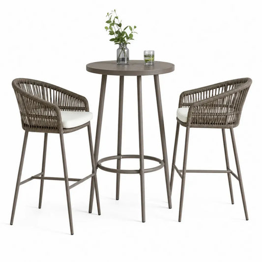 Gartenbar Set 3 teilig mit rundem Bartisch Ø 70 cm Höhe 105 cm und 2 Barhockern PE Seilgeflecht pulverbeschichteter Stahl Taupe Creme