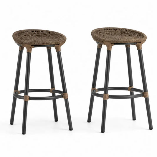 Gartenbarhocker 2er Set mit rundem PE-Rattan Sitz 45 x 45 x 78 cm pulverbeschichteter Stahl Braun Schwarz