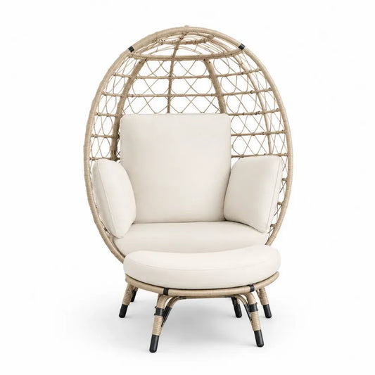 Gartensessel mit Kissen ovale Korbform PE-Rattan Stahl naturbeige creme 108 x 92 x 150 cm