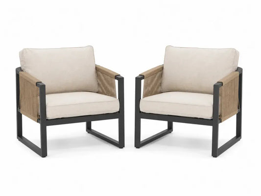 Gartenstühle 2er Set Loungesessel mit Armlehnen Kissen Stahl Seilgeflecht Akazienholz beige naturfarben schwarz 74 x 78 x 80 cm