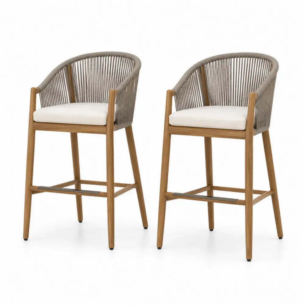 Gartenbarstuhl 2er Set mit Armlehnen 56 x 55 x 103 cm Akazienholz PE Seilgeflecht Creme Taupe Naturholz