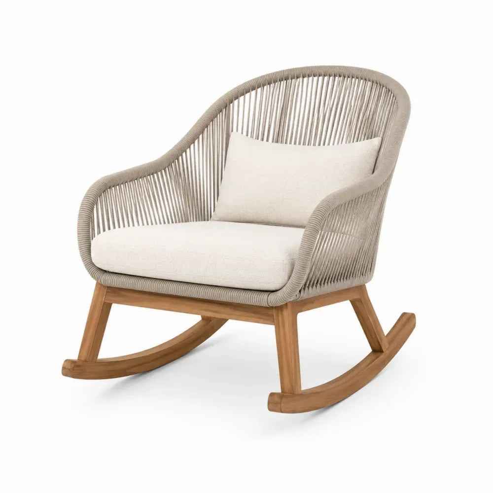 Schaukelstuhl Gartenstuhl mit Armlehnen und Kissen Akazien-Massivholz PE-Seilgeflecht Beige Naturbraun 80 x 72 x 85 cm