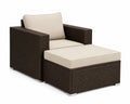 Gartensessel mit Fußhocker 2 teilig rechteckig PE-Rattan Stahl Polyester Dunkelbraun Beige Sessel 87 x 83 x 66 cm Hocker 65 x 65 x 32 cm