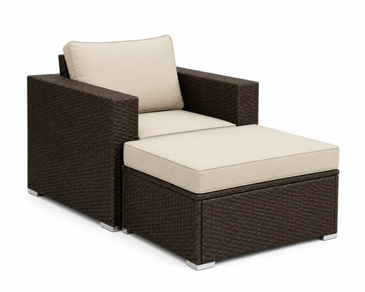 Gartensessel mit Fußhocker 2 teilig rechteckig PE-Rattan Stahl Polyester Dunkelbraun Beige Sessel 87 x 83 x 66 cm Hocker 65 x 65 x 32 cm