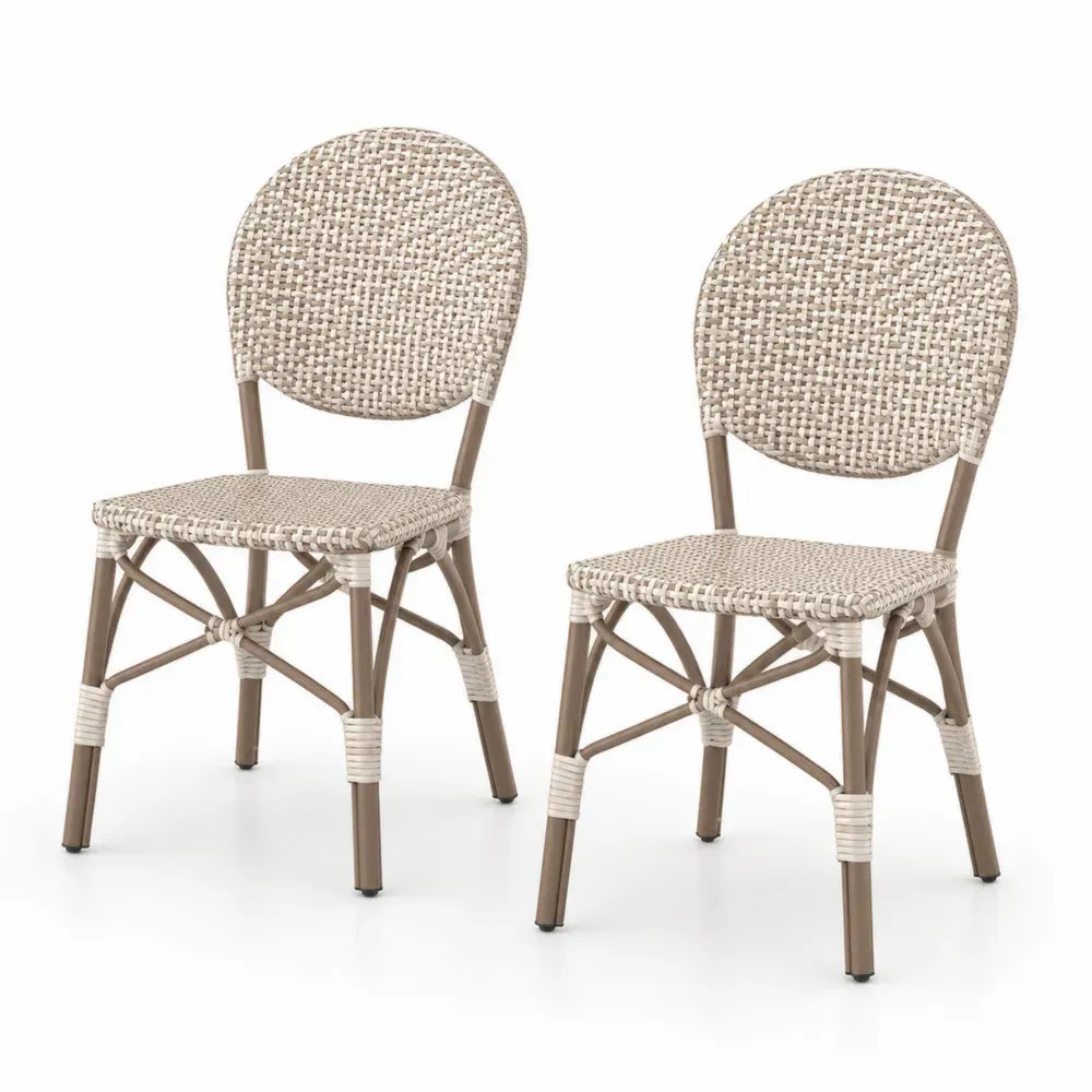 2er Set Gartenstühle Bistrostühle ohne Armlehnen mit runder Rückenlehne Aluminium PE-Rattan Beige Braun 45 x 55 x 88 cm
