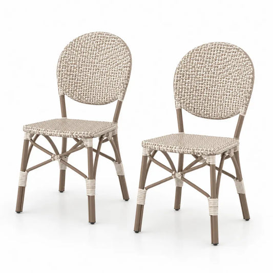 2er Set Gartenstühle Bistrostühle ohne Armlehnen mit runder Rückenlehne Aluminium PE-Rattan Beige Braun 45 x 55 x 88 cm