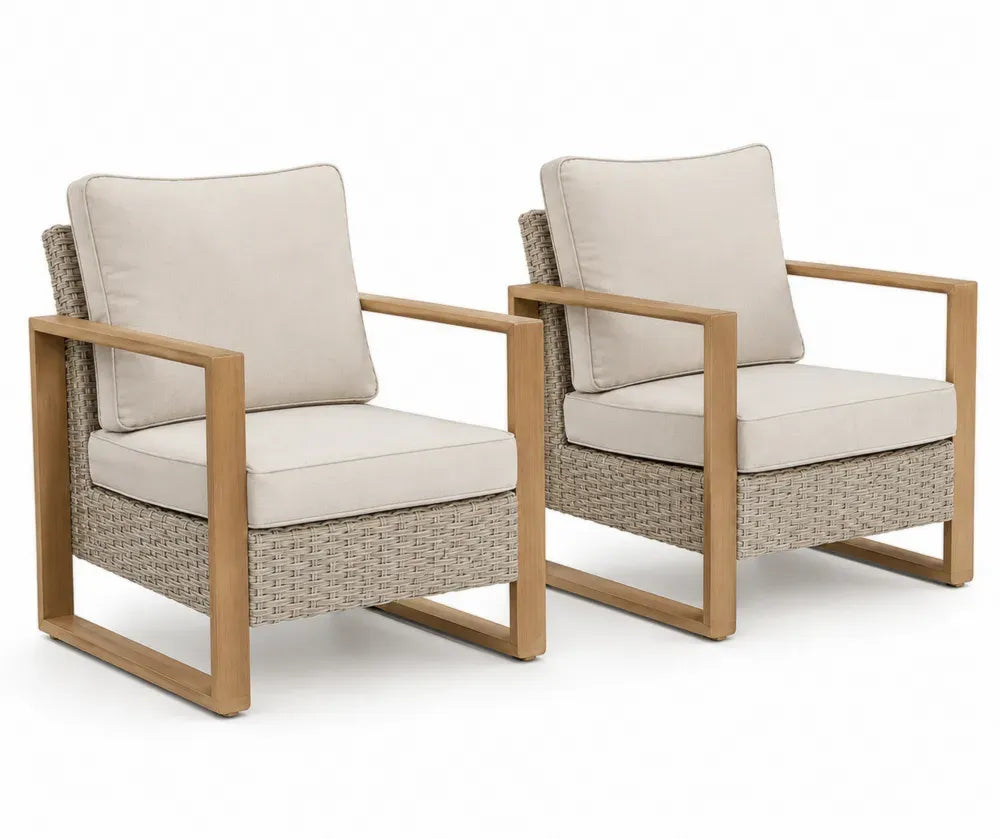 Gartenstühle 2er Set mit Armlehnen und Auflagen rechteckig Akazien-Massivholz PE-Rattan Polyester Naturfarben Beige-Grau Creme 72 x 78 x 82 cm