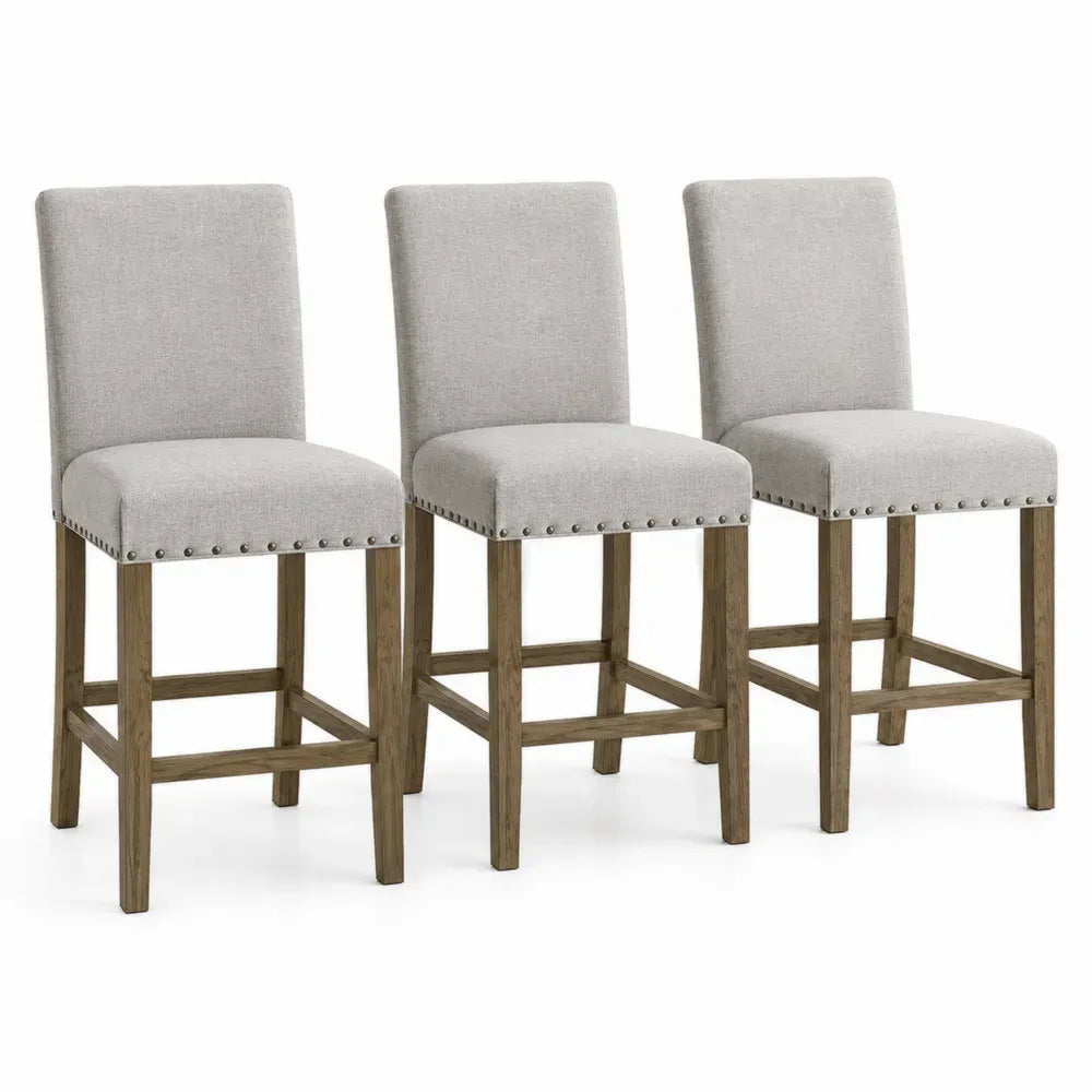 Barhocker 3er Set mit Rückenlehne und Ziernieten Polyestergewebe Gummibaumholz hellgrau naturfarben 45 x 52 x 103 cm