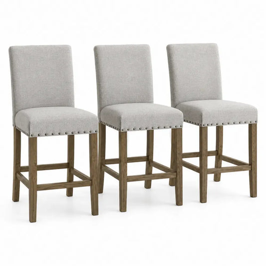 Barhocker 3er Set mit Rückenlehne und Ziernieten Polyestergewebe Gummibaumholz hellgrau naturfarben 45 x 52 x 103 cm